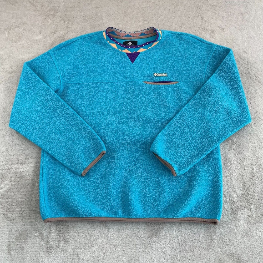 Columbia Wapitoo Aztec Crewneck Fleece Pullover Men Large Teal Purple Outdoors